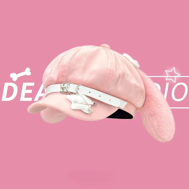 Cute Pink Bunny Ear Newsboy Cap Soft Plush Decorative Hat with Buckle,Fashion Casual Streetwear for Daily Outfits Y2K Aesthetic