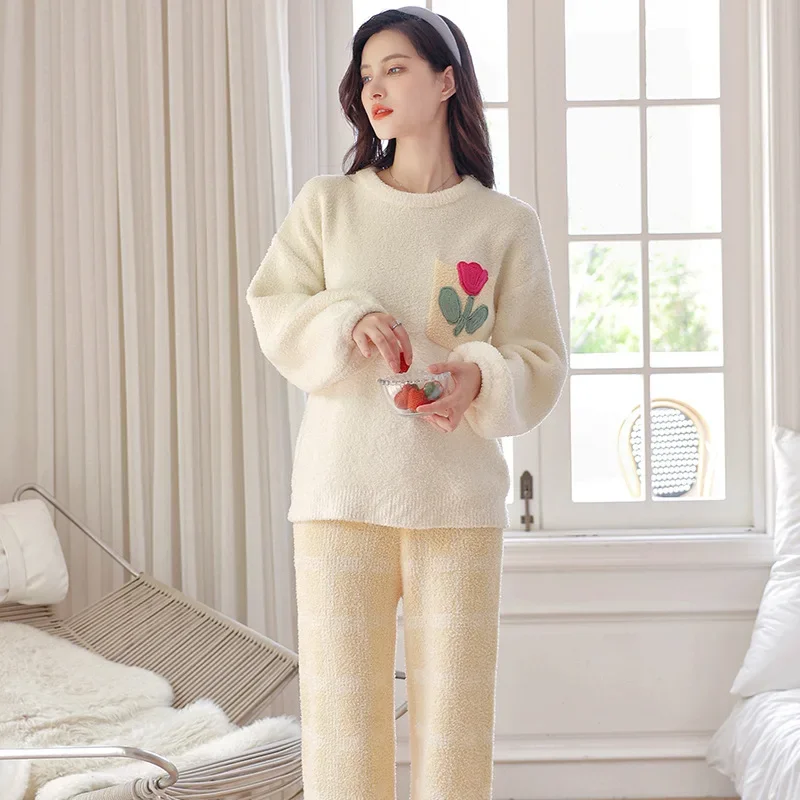 Women's Pajamas Set of Fall and Winter Soft Half-fleece Homewear Long-sleeved Thickened Leisure Elegant Simple Sweater Sleepwear