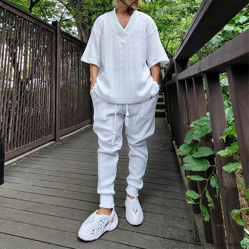 

Fashion Loose V Neck Sweater Two Piece Set Men Spring Summer Casual Solid Short Sleeve Knit Tops And Pants Suits Mens Streetwear
