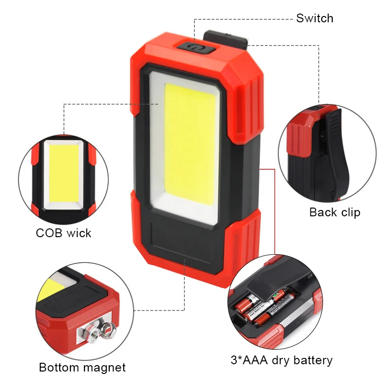 600LM COB LED Camping Emergency Flashlight 3AAA Work Light Magnetic Inspection Lamp 3Modes