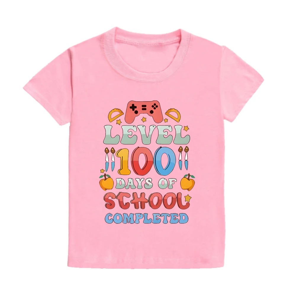 Level 100 Days of School Completed T-Shirt for Kids Short Sleeve Crew Neck Tee Tops Best Gift To Child Summer Clothes 4