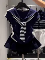 Summer Casual Navy Collar Patchwork Stripe ort Sve T-irt Women's Commute Sle Slim Fit Youthful Pattern Outdoor Wear