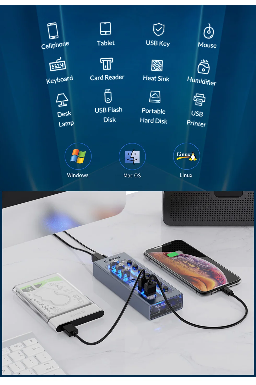 USB 3.0 Port, Slot Plug, On-Off, Switch