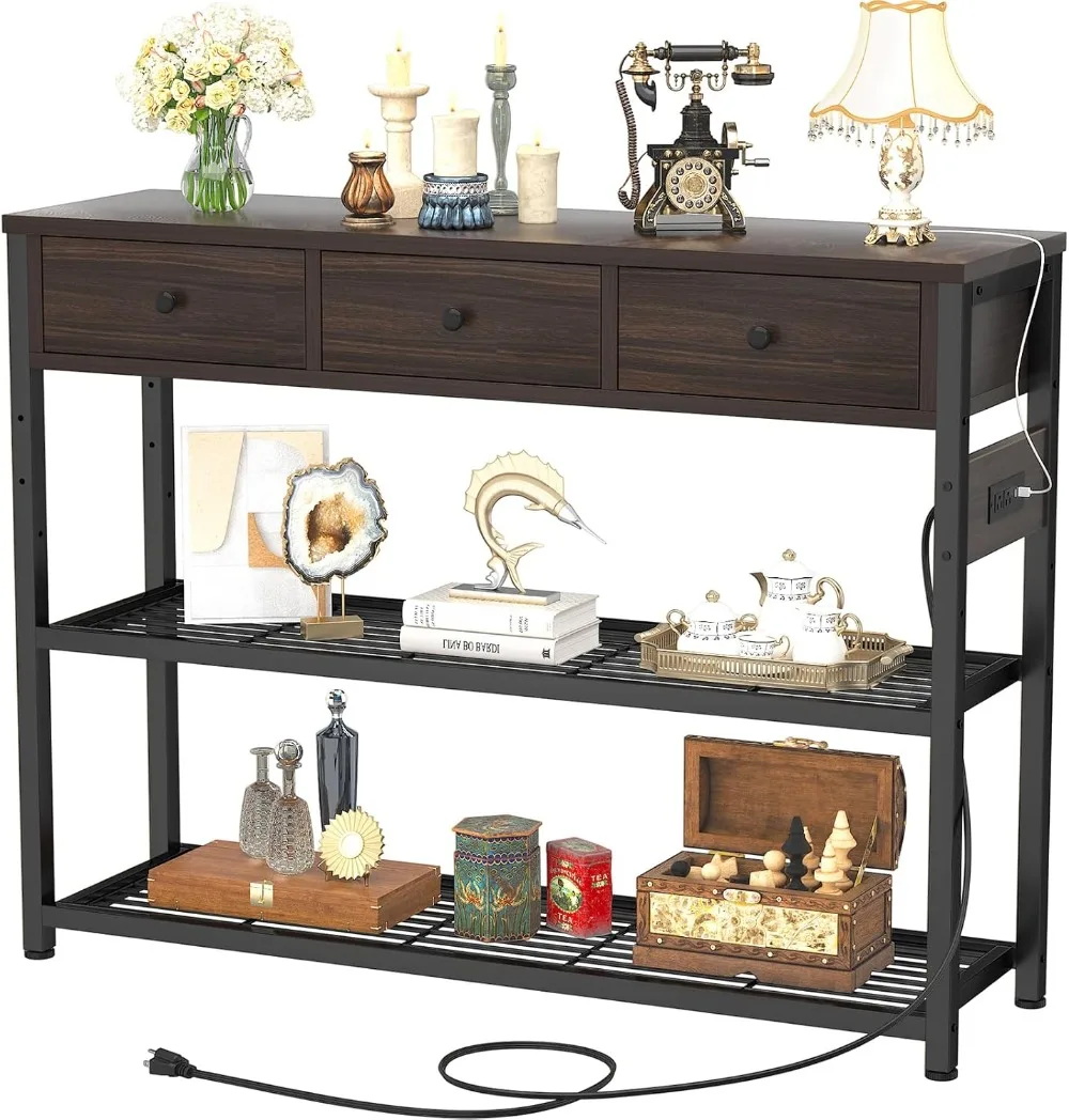 47'' Entryway Table with Outlets & USB Ports, 3 Drawers, Storage Shelves for Living Room, Black Walnut