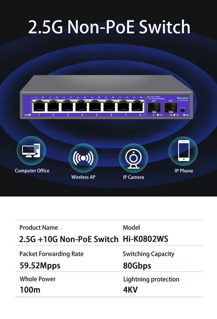Hisource 2.5G None-POE Network Switch 5 8 Port  Ethernet Switch with 2*10G SFP+ for IP Camera/NVR