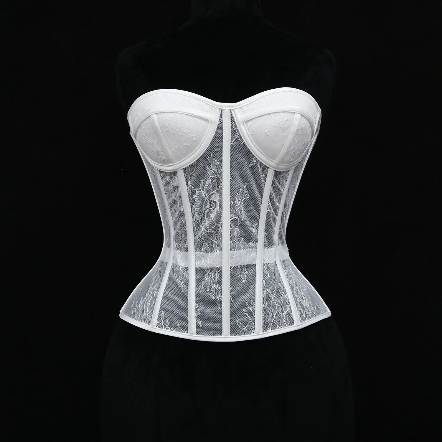 Steel Bone Korset Woman Hollow Out Strapless Lace Bra Bustier Top Mesh Women Lingerie Black White Biege Corset