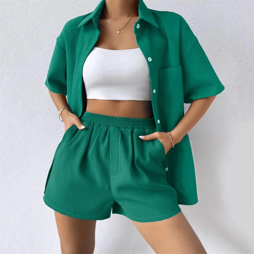 High Waist Shorts Suits Women's Clothes Summer Female Tops Turn Down Collar Short Sleeve Pockets Button Tops Casual 2 Pieces Set