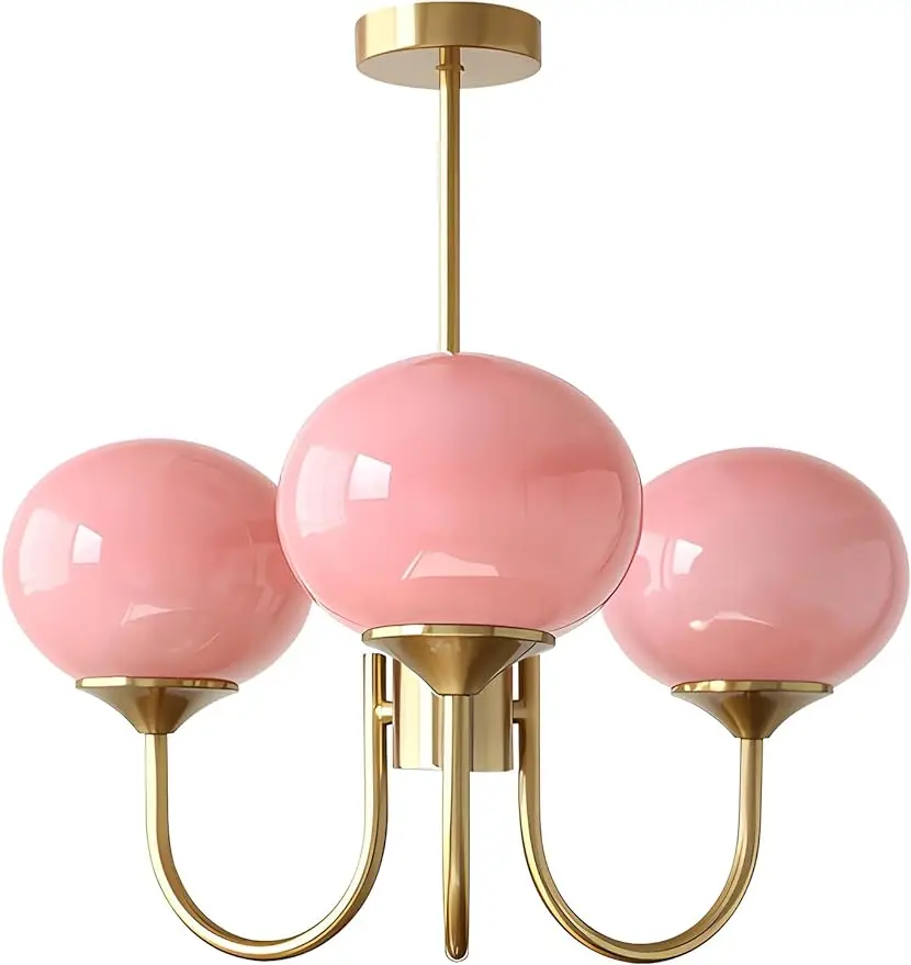 

Modern 3-Lights Globe Sputnik Chandelier Mid Century Pink Glass Ball Pendant Light Fixture Brass Gold Chandelier Flush Mount