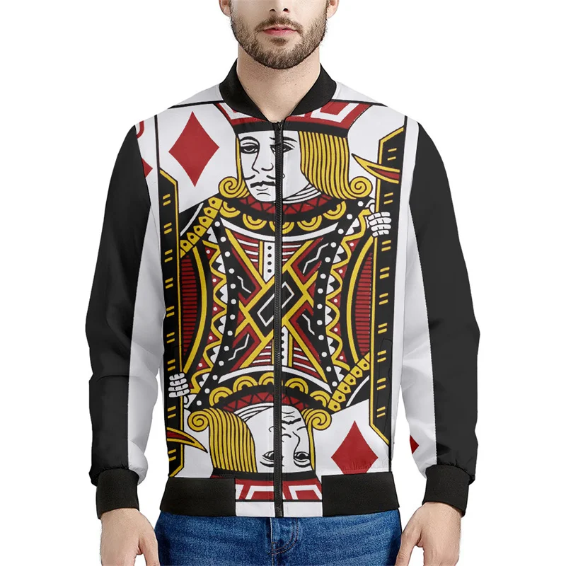 thumbnail image 1 of Chaqueta con estampado de naipes para hombre, chaqueta con cremallera y estampado 3D de póquer, informal, holgada, con cremallera, estilo bomber, 1 of 5
