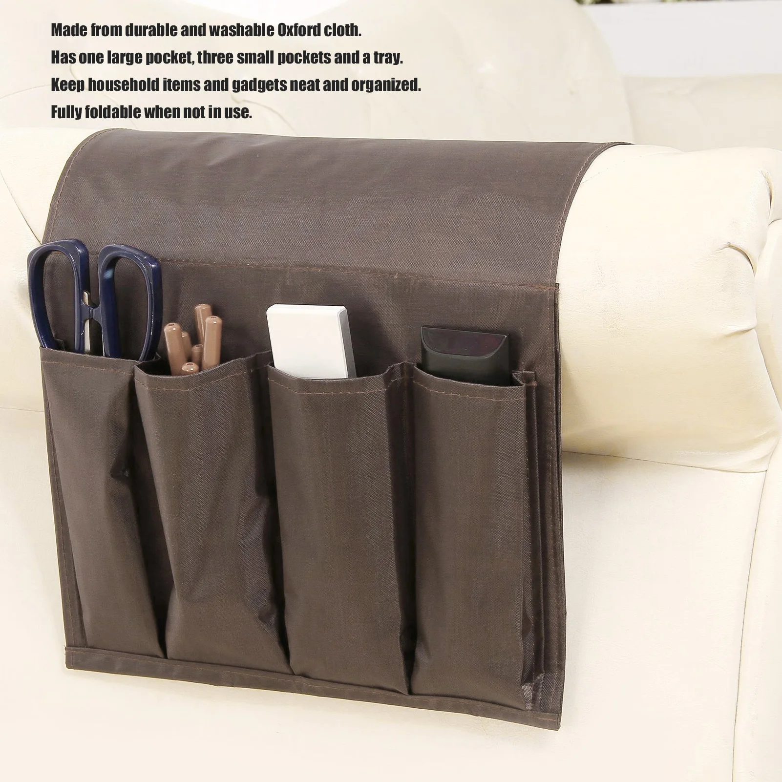 Mesa con brazo para sofá, bandeja para sofá, soporte de almacenamiento con brazo plegable, bolsillos laterales de tela Oxford 600D para sofá