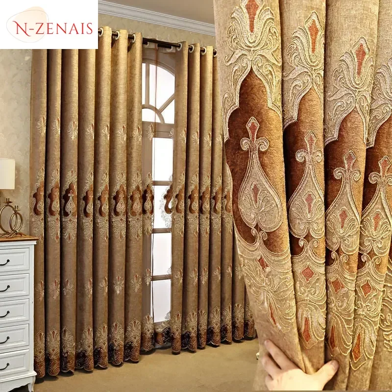 

European Coffee Embroidered Luxury Curtains for Living Room Bedroom Blackout Chenille Decoration Valance Window White Tulle