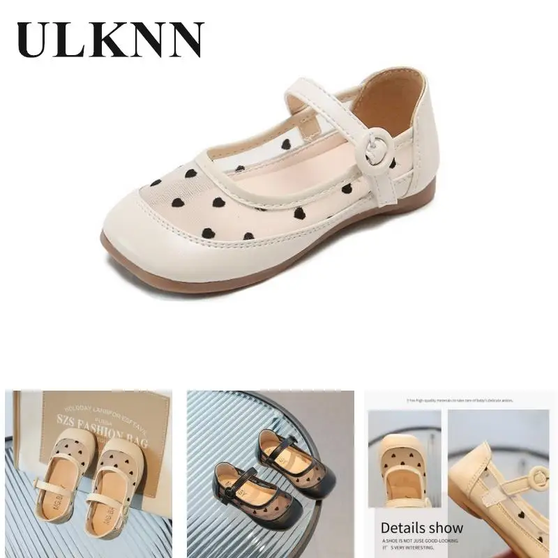 

Girls Beige Leather Shoes Princess 2024 Summer Light Mouth Breathable Flats Kid's Soft Anti-slip Children Fashion Mesh Shoes