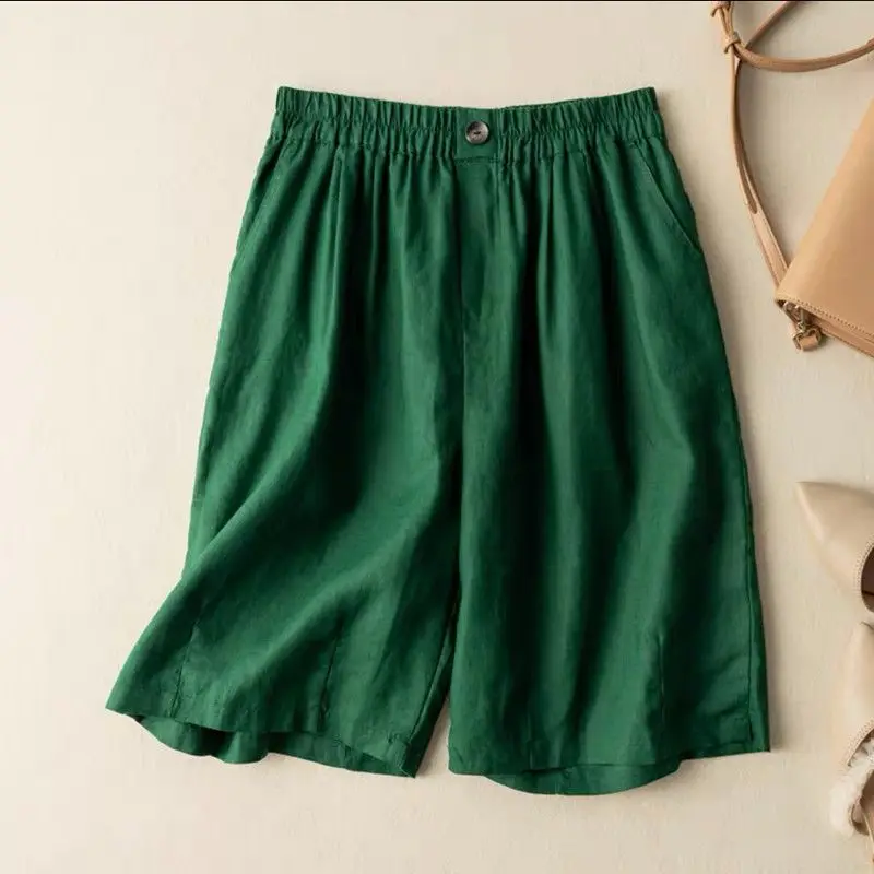 Green Cotton and Linen Lady Shorts Quarter Pants 2024 Summer Retro Style Loose Comfortable Multicolor All-match Wide Leg Pants