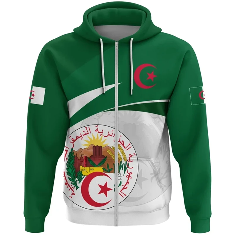 thumbnail image 1 of Sudadera con capucha y cremallera con el emblema nacional argelino y la bandera de Argelia para hombre, ropa informal deportiva para niños, 1 of 5