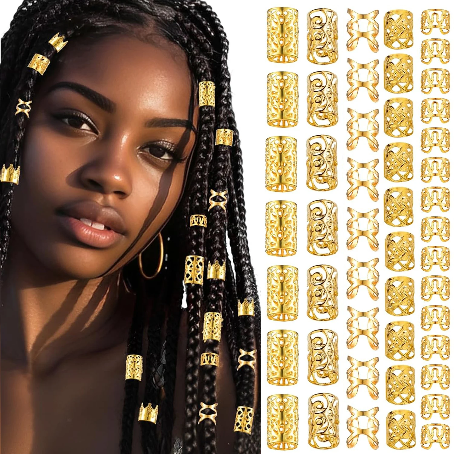 50 Pcs/Pack Gold/Silver Hair Cuffs Adjustable Metal Hair Jewelry Rings Hair Dreadlock Braid Accessories for Women Men Decoration