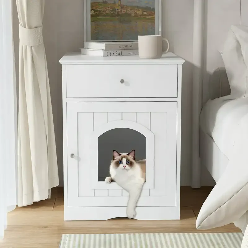 

Cat House Litter Box Enclosure Pet Side Table with Drawer - White