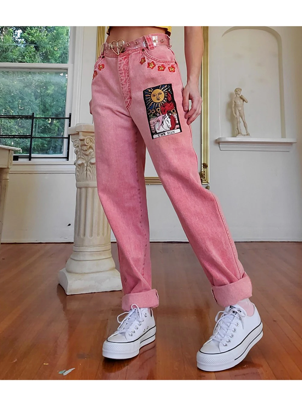 Vintage Pink Women Jeans Pants Mid-waist Sun Star Pattern Young Girl Denim Trousers Summer Autumn Female Cute Jeans Cartoon