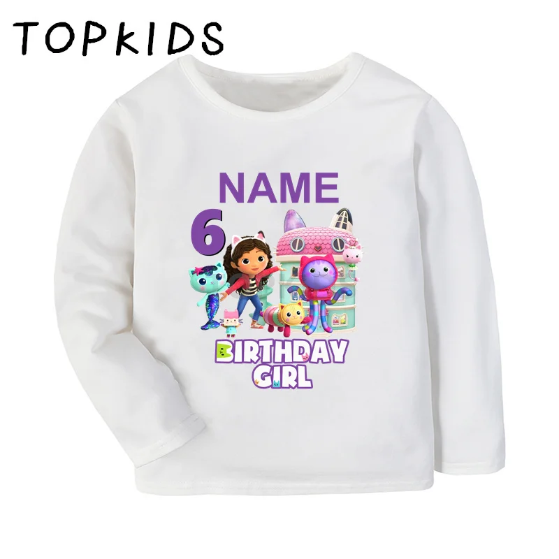 1 2 3 4 5 6 7 8 9 Years Birthday Girls T shirt Cute Gabbys Doll House Customize Name Kids T-shirts Baby Long Sleeve Clothes Gift 2