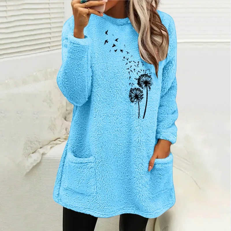 

2023 Autumn/Winter Women's Round Neck Pullover Long Sleeve Pocket Double Fleece Sweater