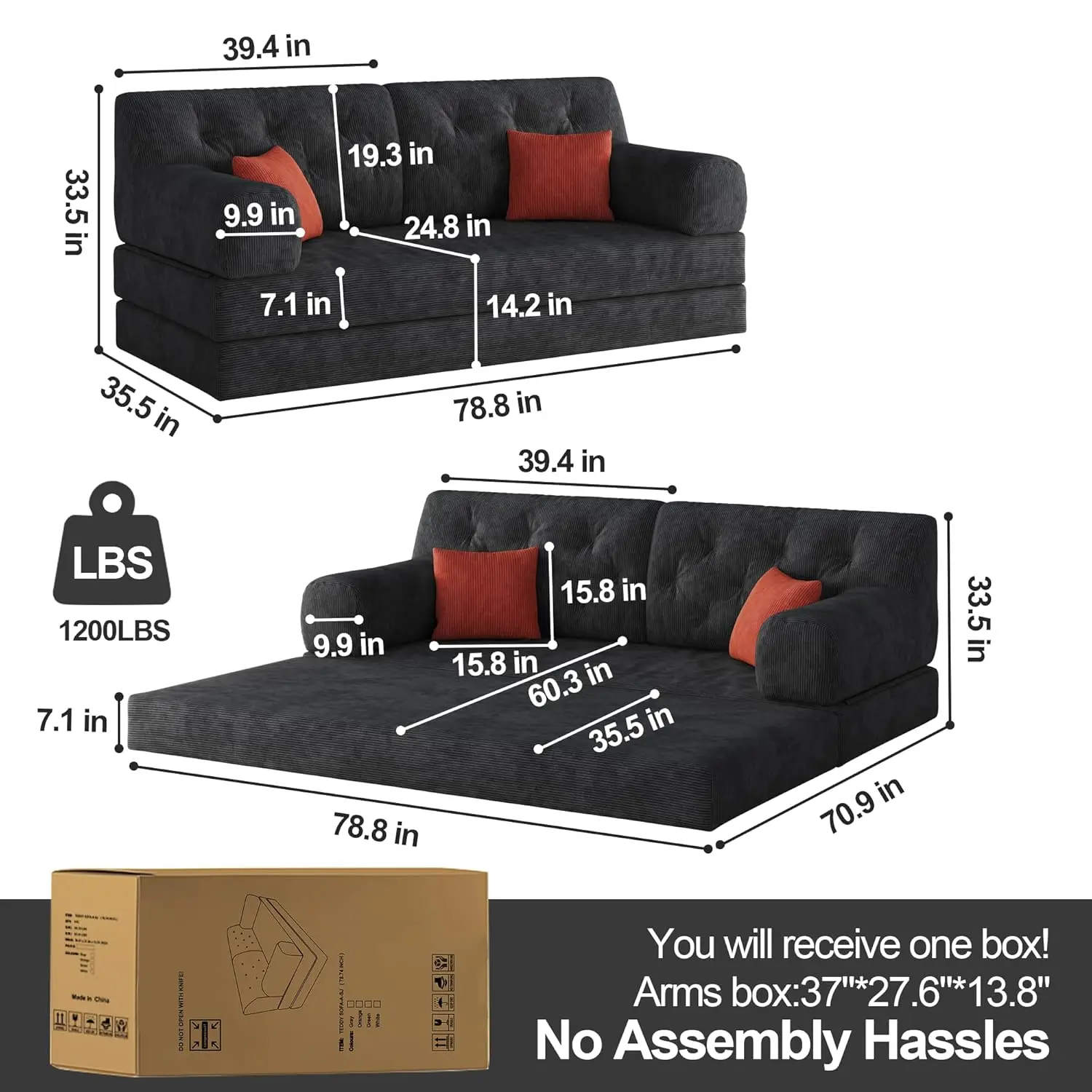 5-in-1 Folding Convertible Sofa Bed, Loveseat Sleeper with Pull-Out Bed, Floor Sofa Modular Futon Couch, 79 2