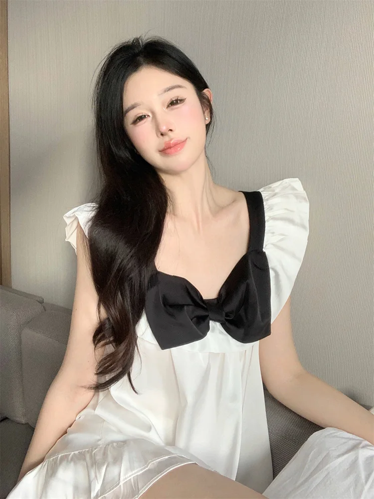 

Home Sweet Korean Solid Sleeveless Suit Small flying sleeves Summer NightDress Women Fashionable Two Piece Set Elegant Casual