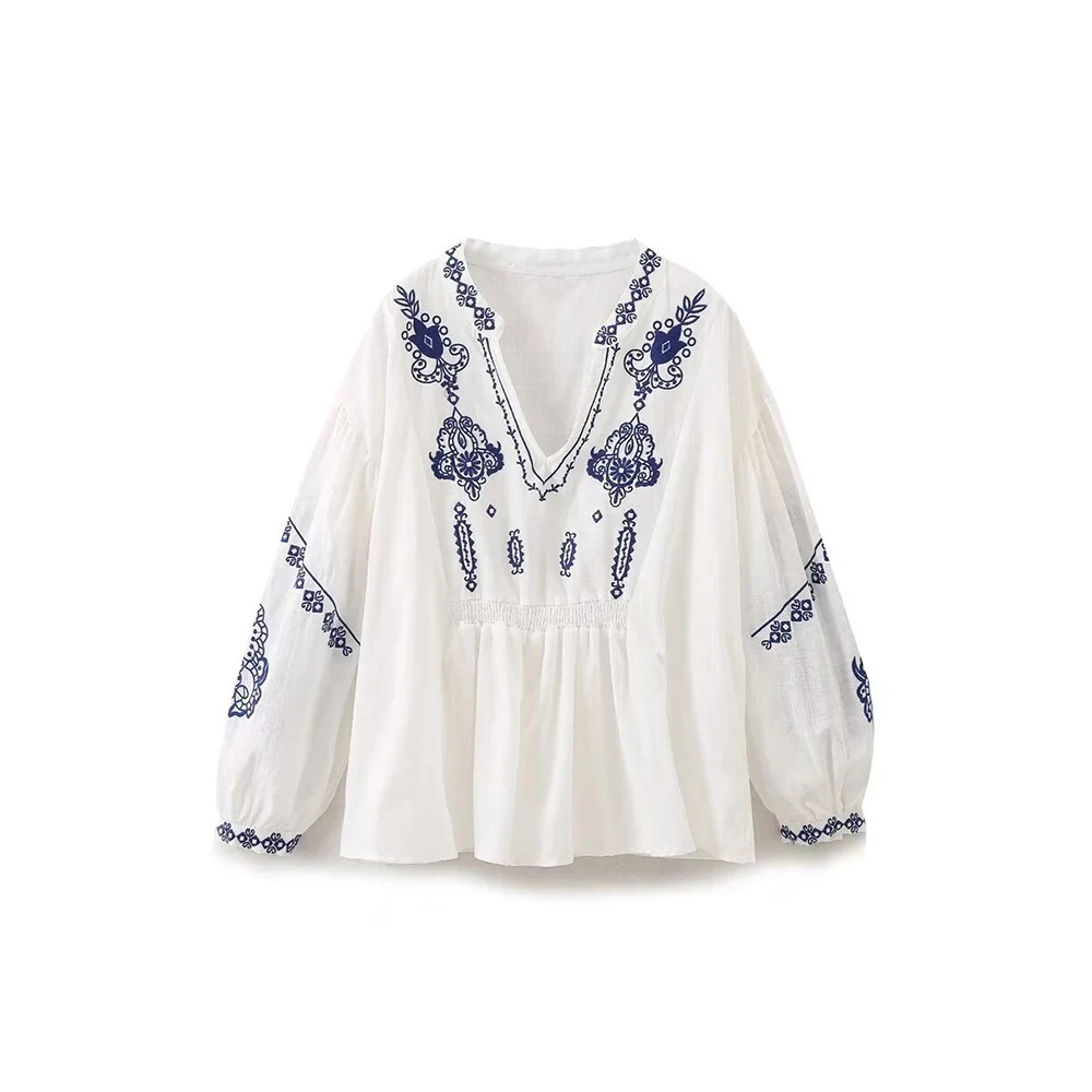 Women Ethnic Style Embroidery Literary Long Sleeve Shirt Temperament V-neck Women Fashion Loose Peplum Shirt Retro Floral Embroidery Shirt - AliExpress