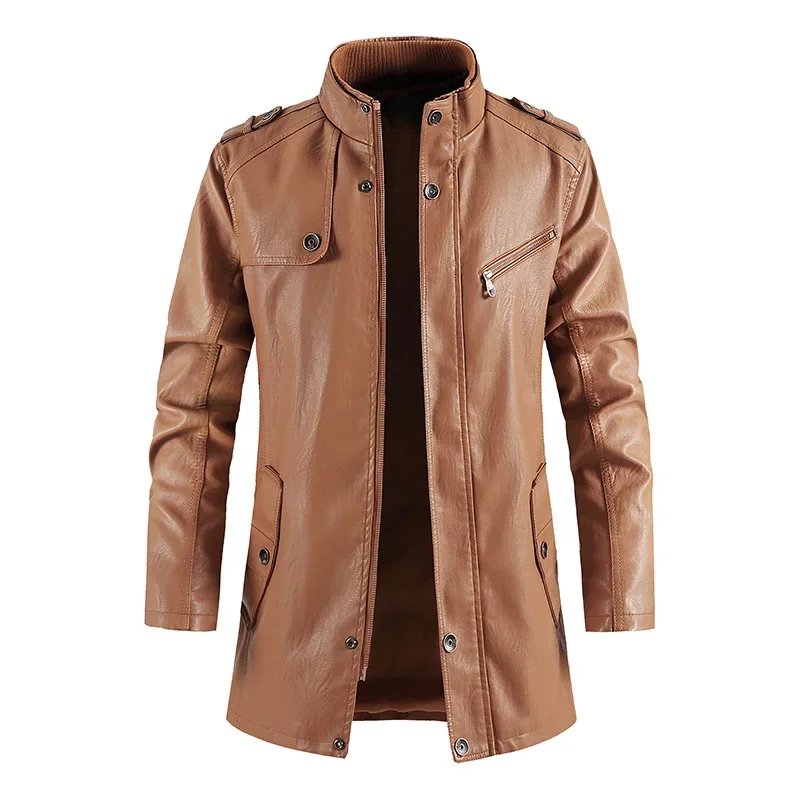 New Men's Leather Jacket Autumn/winter Motorcycle Slim Fit PU Long Leather Coat Bicycle Stand Collar Fashionable Men's Warm Coat