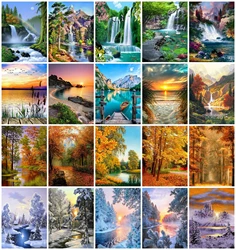 AZQSD Diamond Embroidery Waterfall Autumn Sunset Winter Mosaic Full Drill Diamond Painting Landscape Season Home Decor Gift
