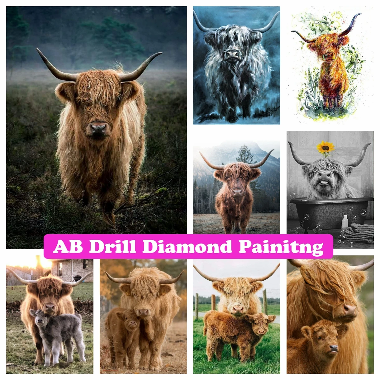 Highland Cow Diamond Painting Kits for Adults, Sunflower Diamond