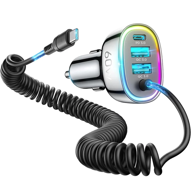 60W Fast Charging Car Charger USB C Car Phone Charger Adapter, 4 Port Fast Charging, 5.3FT Charging Cable Multicolor Night Light