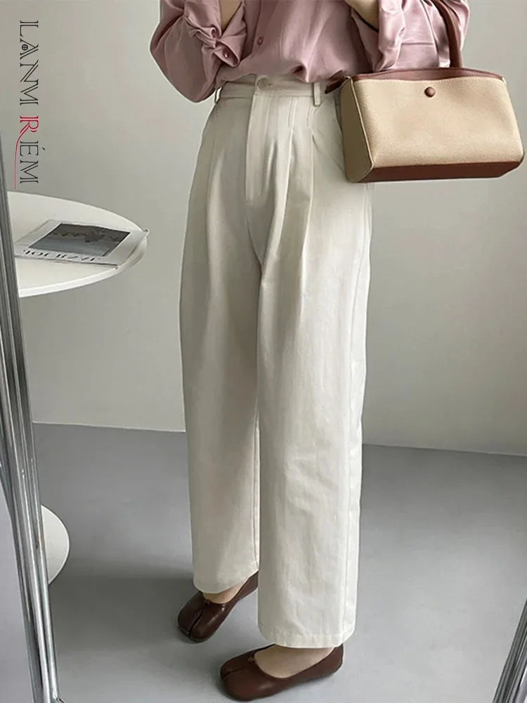 

[LANMREM] Pleasted High Waist Pants For Women Solid Straight Wide Leg Trousers Office Lady Clothes 2024 Summer New 26D8819