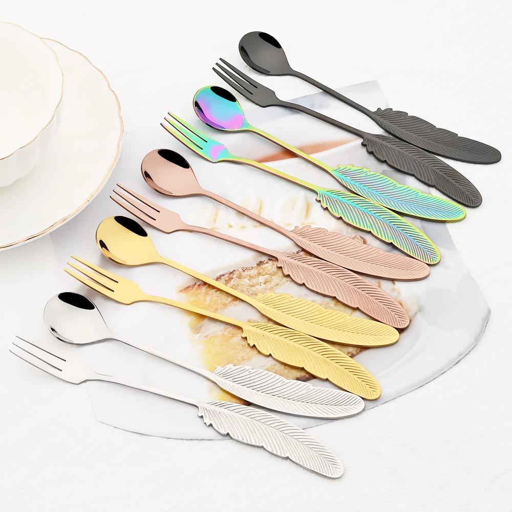 Wood Handle Silverware Flatware,Gold Silver Dinner Spoons, Knife And Fork  Set Fruit Fork Stir Small Spoon Tableware