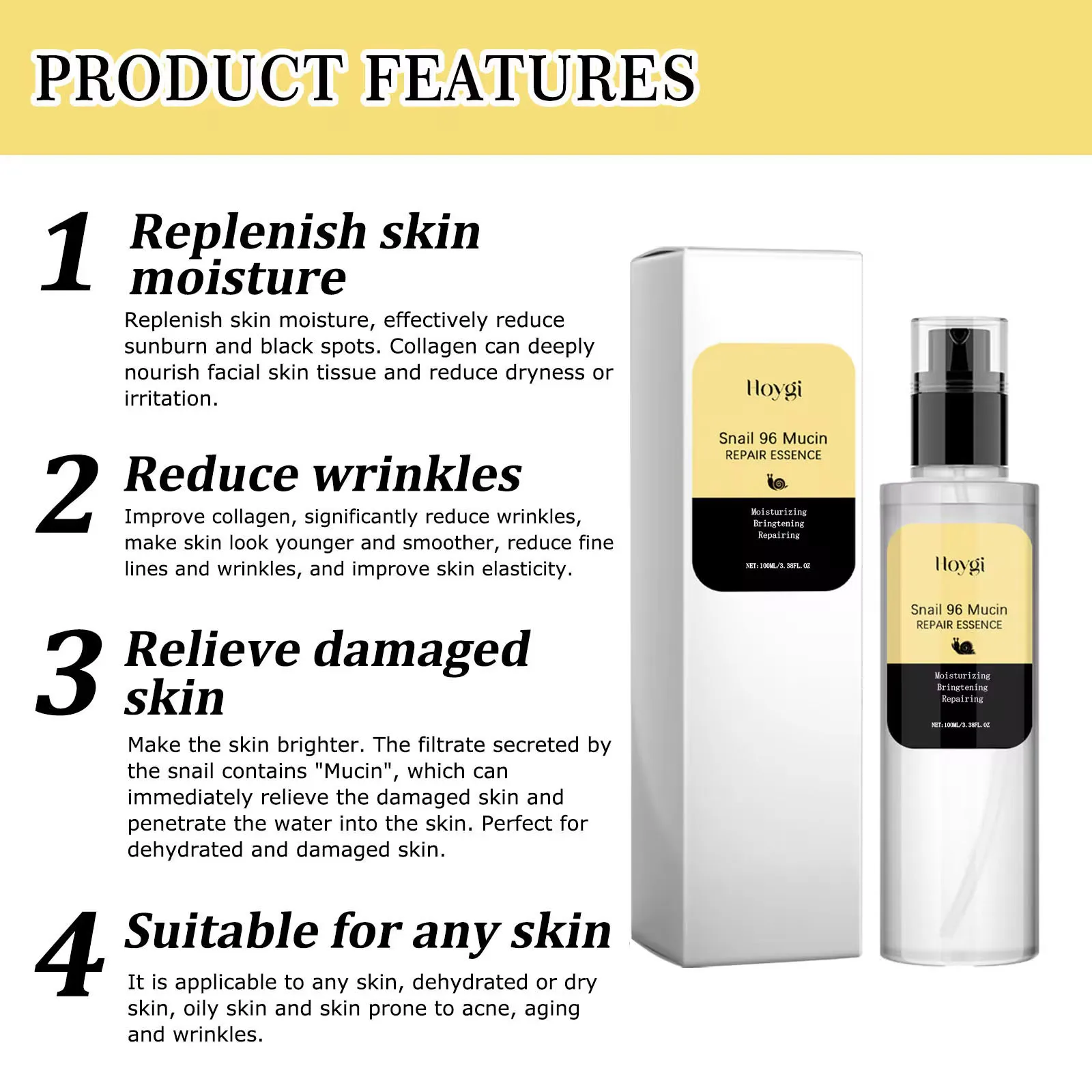 Snail Mucin Essence Fade Fine Lines Shrink Pores Repair Skin Barrier Whitening Moisturizing Hyaluronic Acid Collagen Face Serum 4