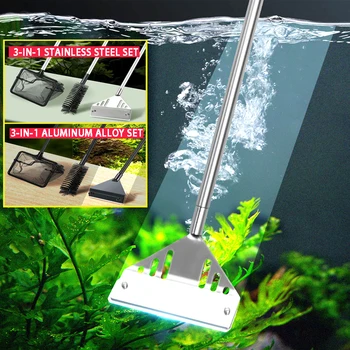 Aquarium algae scraper stainless steel three in one mesh bag cleaning brush flat sand algae removal fish tank home cleaning tool