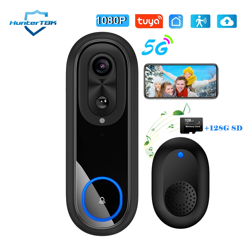 5G 2.4G WiFi Video Doorbell 1080P Wireless Bell Tuya APP Smart Intercom Camera IP65 Waterproof Ring Bell with 7000mAh Battery