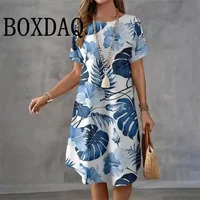 Summer Holiday Hawaiian Dress For Women 2025 New Ladies O-Neck Short Sleeve Loose Dress Casual Coconut Tree Print Beach Dresses