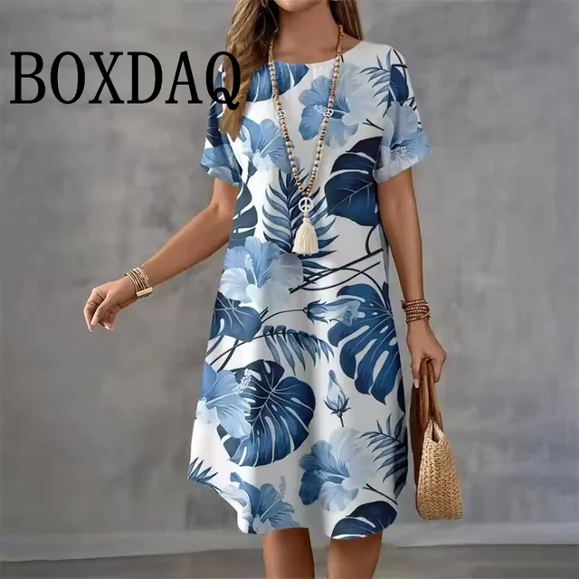 Summer Holiday Hawaiian Dress For Women 2025 New Ladies O-Neck Short Sleeve Loose Dress Casual Coconut Tree Print Beach Dresses 1