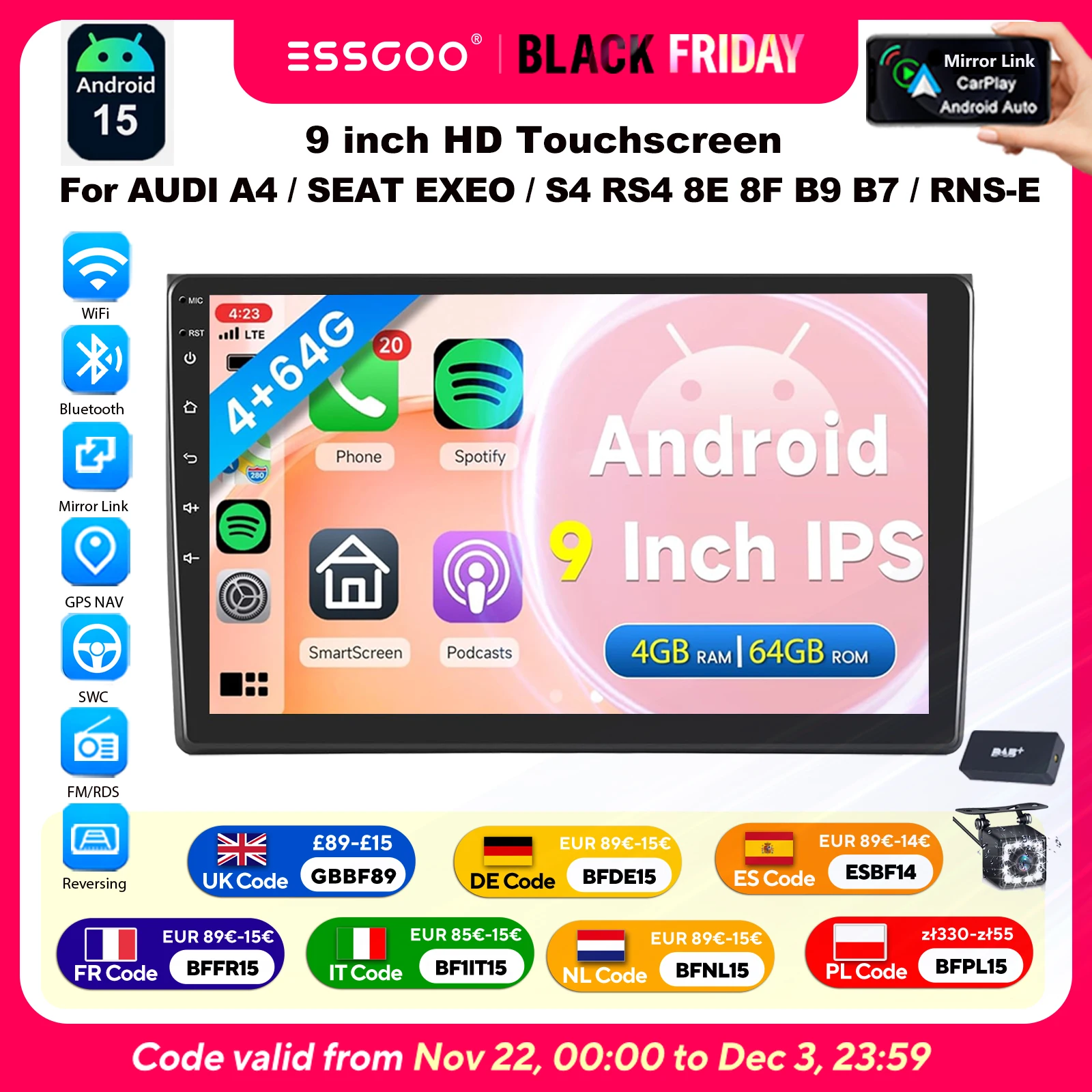 ESSGOO Autoradio Android15 9" 4+64 GB für Audi A4 S4 RS4 8E 8F B9 B7 SEAT Exeo Bildschirm Wireless CarPlay GPS Navigation FM Bluetooth WiFi RDS Lenkradsteuerung Mirror Link Android Auto