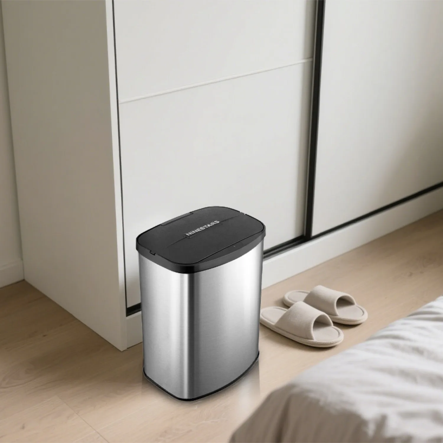 Stainless steel trash can with hands-free lid