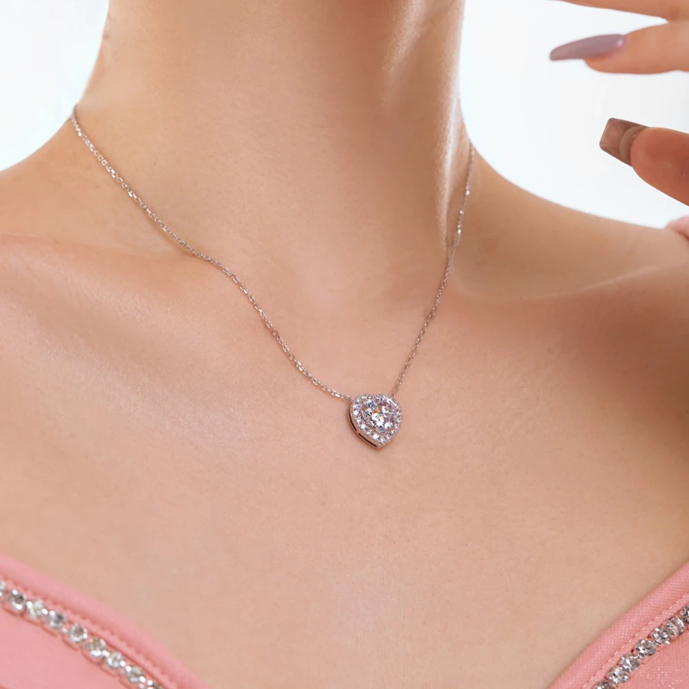 True S925 Silver Heart Necklace Women 10mm Heart Diamond Pendant Necklace Female Luxury Jewelry Shining 5A Zircon Girl Gift Lady
