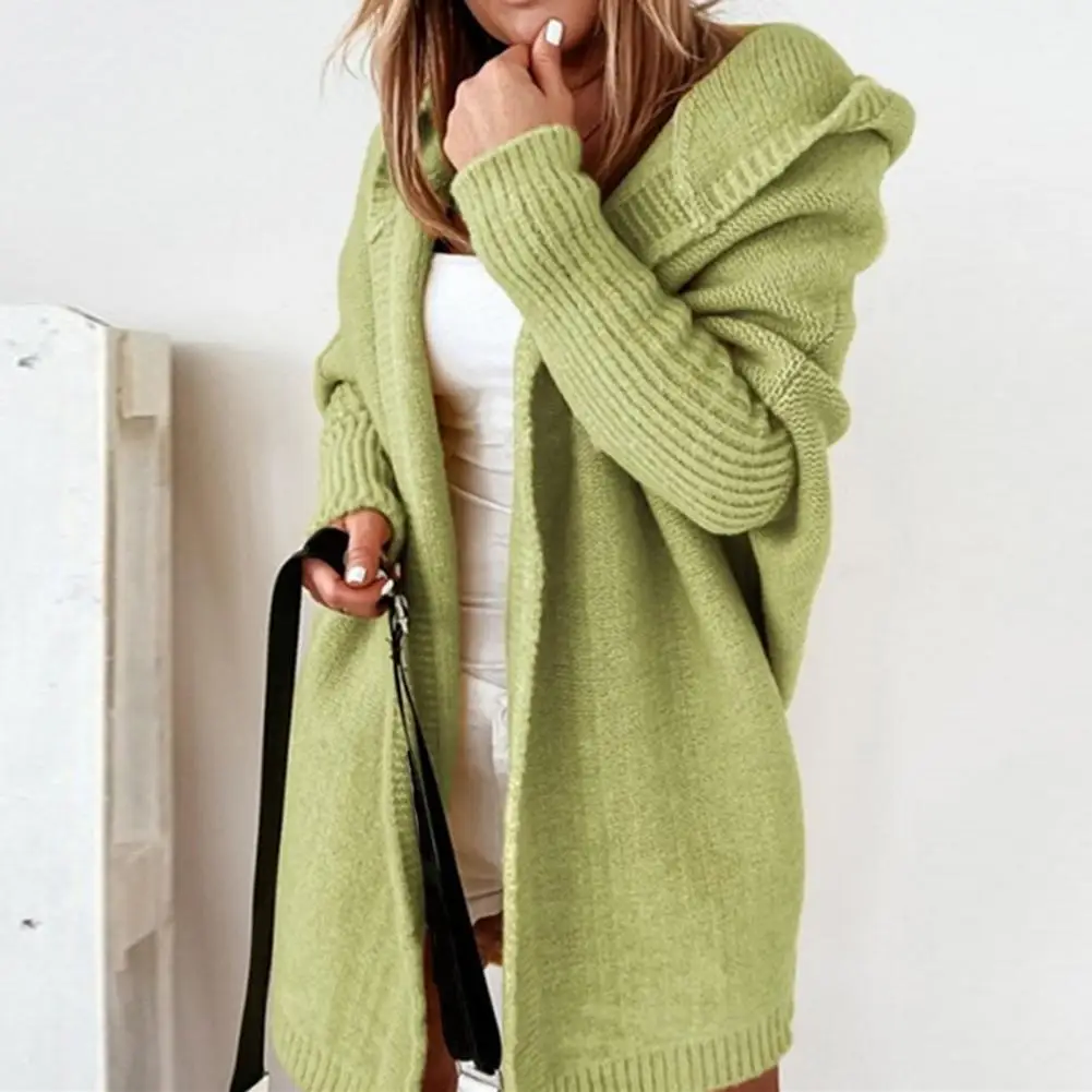 

Winter Sweater Coat Women Loose Hooded Bat Long Sleeve Knitted Thick Warm Cold Resistant Open Stitch Elastic Lady Cardigan Coat