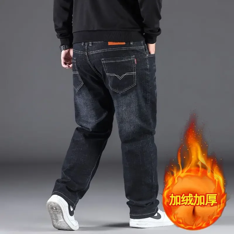 Big Size Baggy Jeans Men Autumn Winter Wool Denim Jeans Straight Pants Warm High Waist Elastic Trouser Blue Pants Men Clothing 6