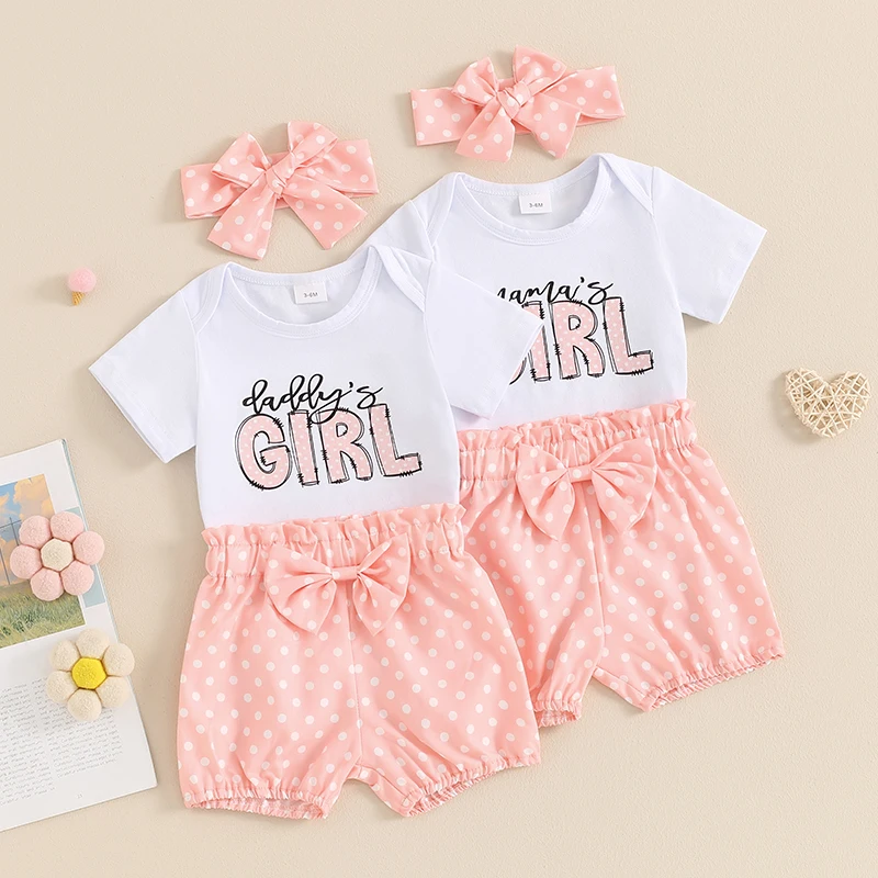 

2024-03-27 Lioraitiin Baby Girls Summer Outfits Letter Print Short Sleeve Romper and Dot Print Shorts Cute Headband 3Pcs Clothes