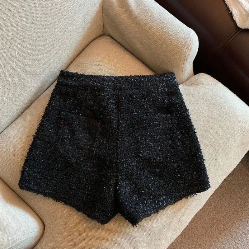 Women's High Waist Solid Color Wide Leg Pants Autumn and Winter New Loose Woolen Button Zipper Cropped Fashion All-match Shorts
