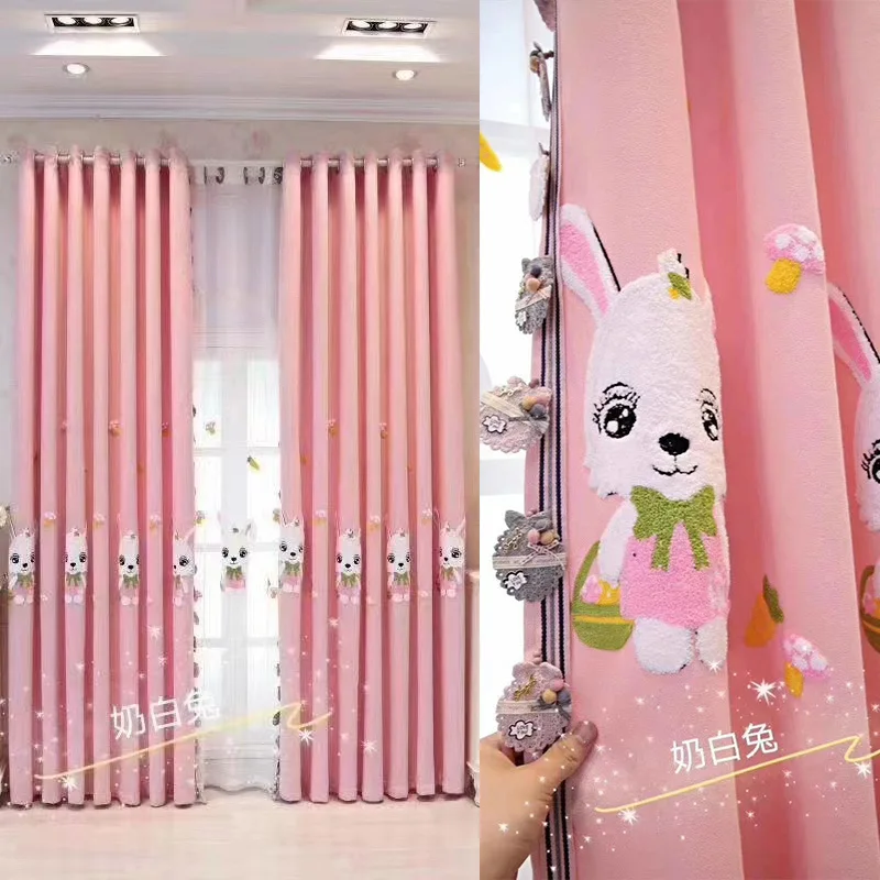 

Shefney towel embroidered milk white rabbit blackout curtain bedroom bay window finished curtain