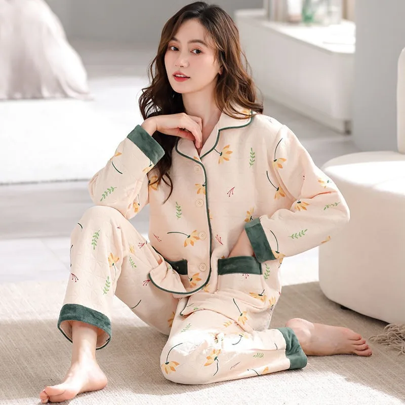 2024 New Autumn Winter Women Three-Layer Air Cotton Pajamas Thickened Thermal Nightclothes Sets Female Casual Homewear Suit