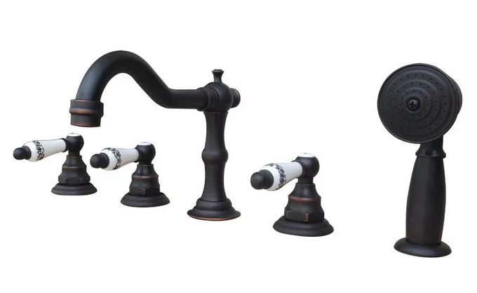 

Deck Mounted 5 Hole Black Oil Rubbed Bronze Bathroom Roman Tub Faucet Mixer Tap Set With Hand Showerr ttf064