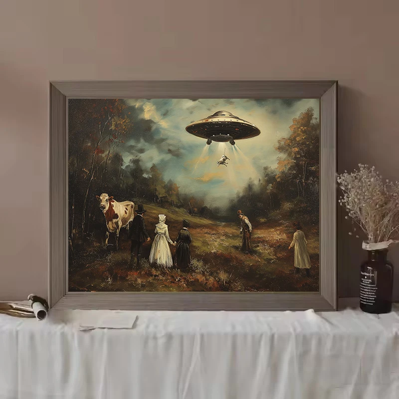 1pc frameless Vintage Surreal Funny Victorian UFO Landscape Cow Alien Poster Wall Art Pictures Canvas Painting Home Farmhouse De 3