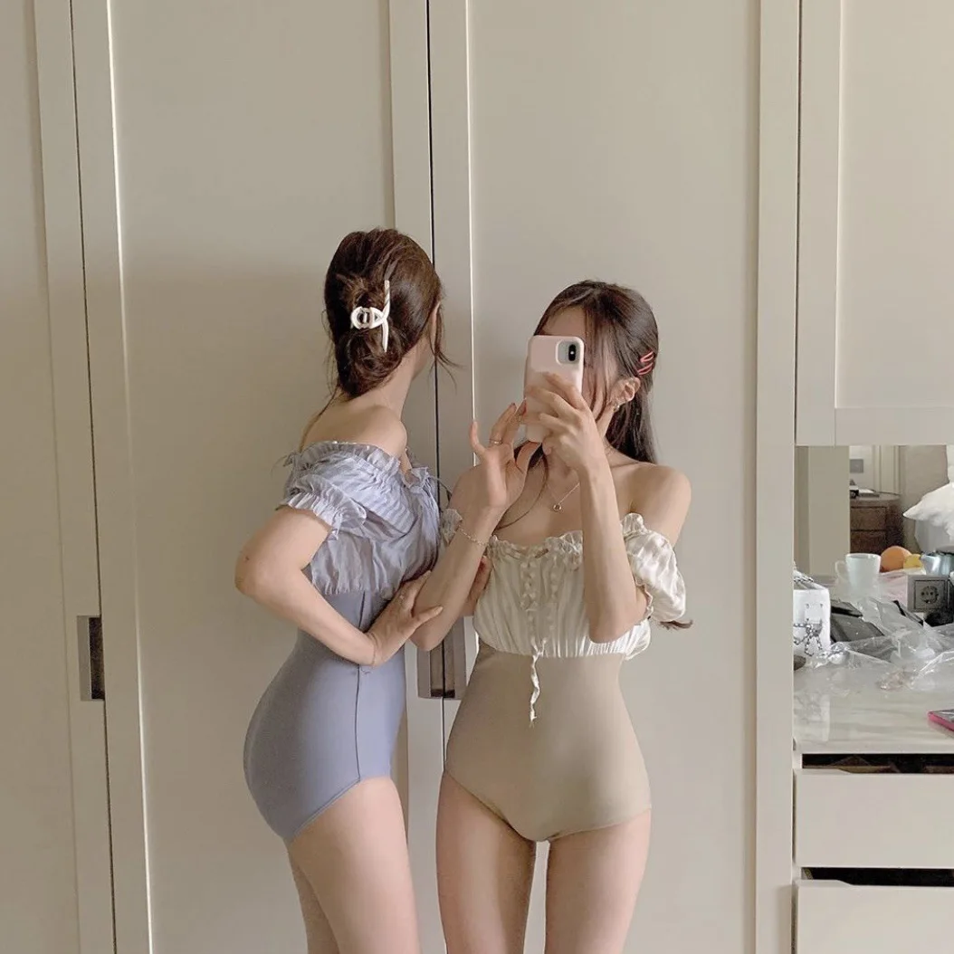 Korean style striped one-piece swimsuit women ins style tube top high waist swimsuit women bikini