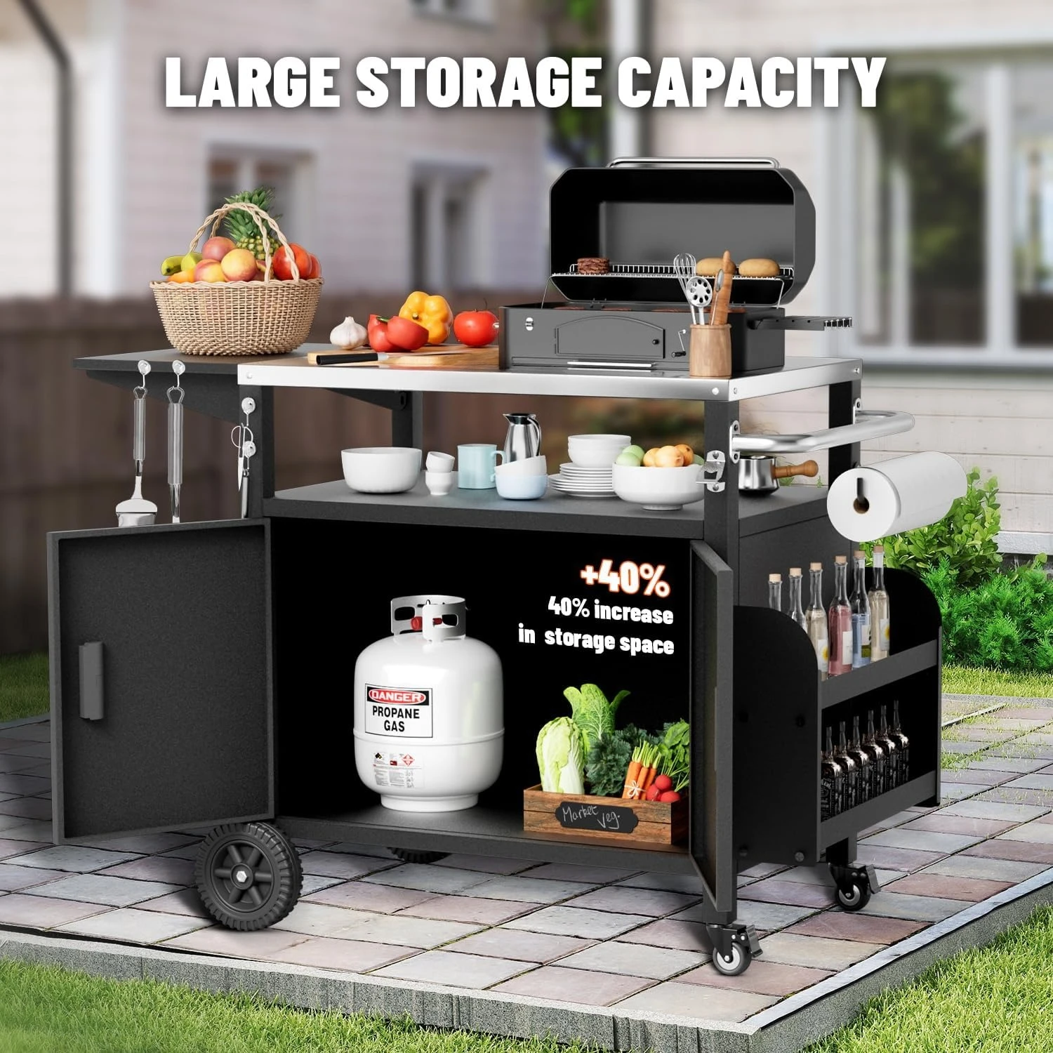 XL Outdoor Grill Cart with Cabinet, Extra-Wide Stainless Steel Table Top, Large Spice Rack & Lockable Wheels,Customized 4